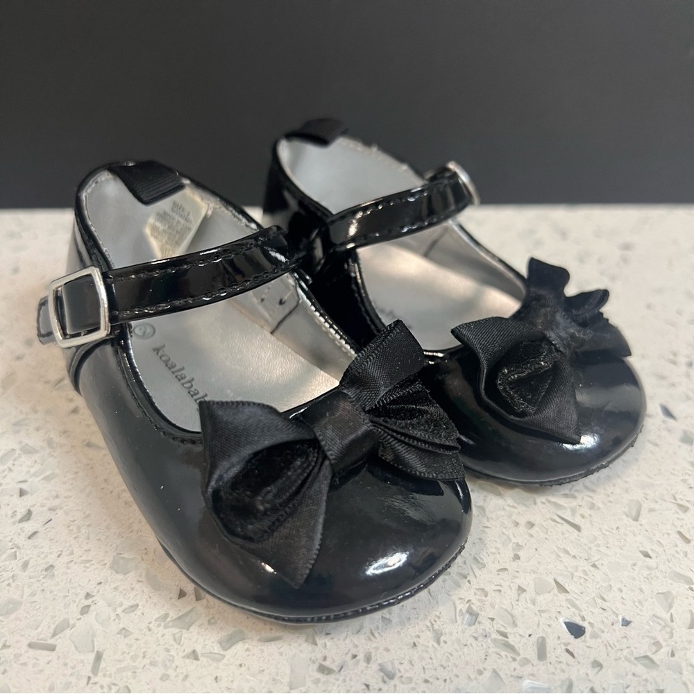 KOALA BABY Real Leather Shiny Black Mary Janes w/ Satin and Velvet Bows
